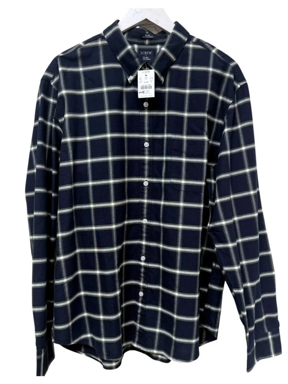 J.Crew Factory Flex Oxford Shirt Mens XL Navy Blue Check Slim Untucked NWT
